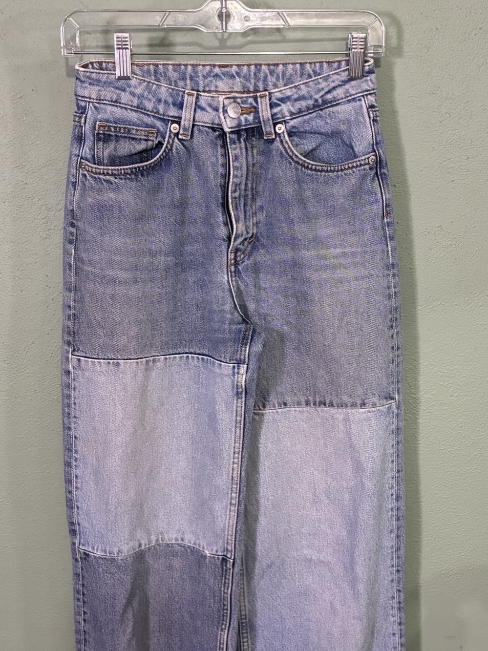 MONKI Women’s 24 Patchwork Wide Leg Jeans Two Tone Blue Denim Y2K
